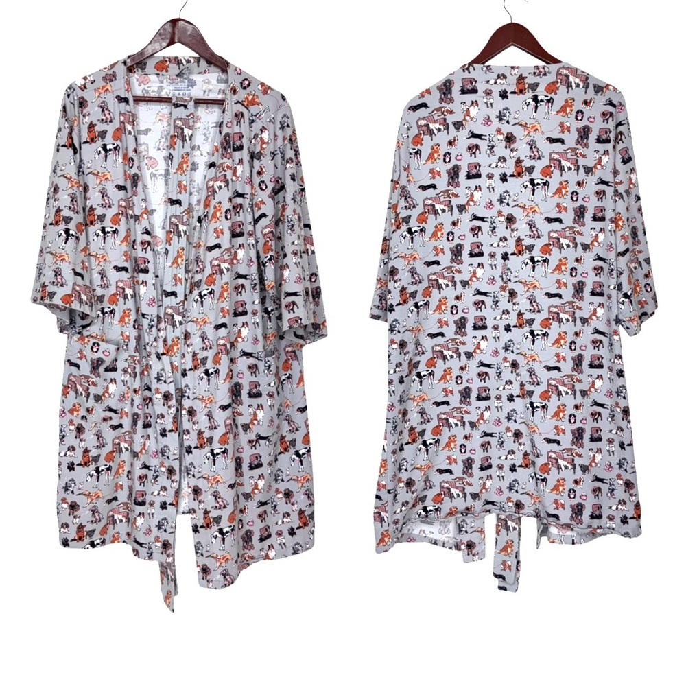 Vera Bradley Dog Print Light Gray Wide Sleeve Belted Robe Size S/M
